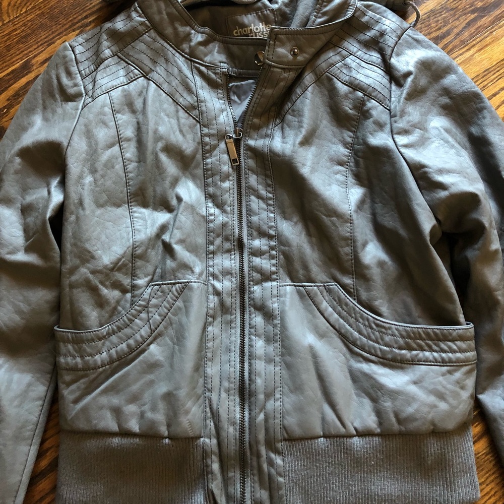 Gray leather jacket with sweatshirt material hood